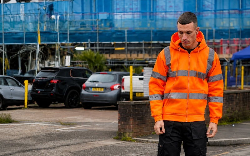 Men's orange hi-vis reflective workwear hoodie on construction site – Label Apparel